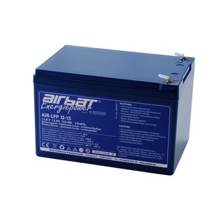 AIRBATT Energiepower LiFePO4 AIR-LFP 12-15 12,8V 15Ah Versorgungsbatterie Polabdeckung mit 10A-Sicherungsautomat und Bosch Einbaubuchse mittig