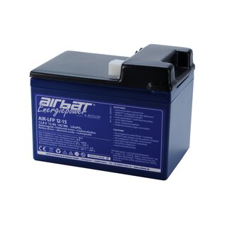 AIRBATT Energiepower LiFePO4 12V 15Ah Supply Battery pole cover with 10A-fuse and Tyco-connector (Plug) over middle