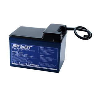 AIRBATT Energiepower LiFePO4 AIR-LFP 12-15 12,8V 15Ah Versorgungsbatterie Polabdeckung mit 10A-Sicherungsautomat und Kabel stirnseitig